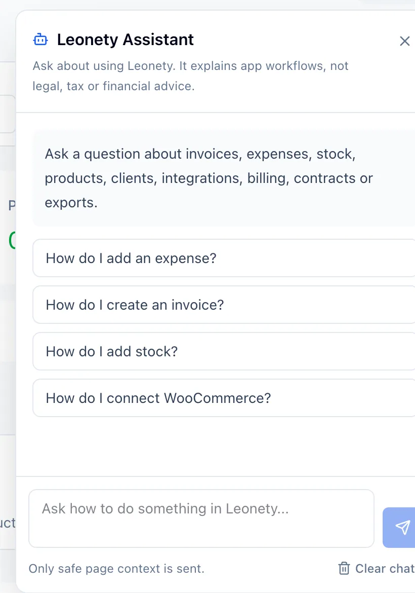 Leonety Assistant panel inside the authenticated application