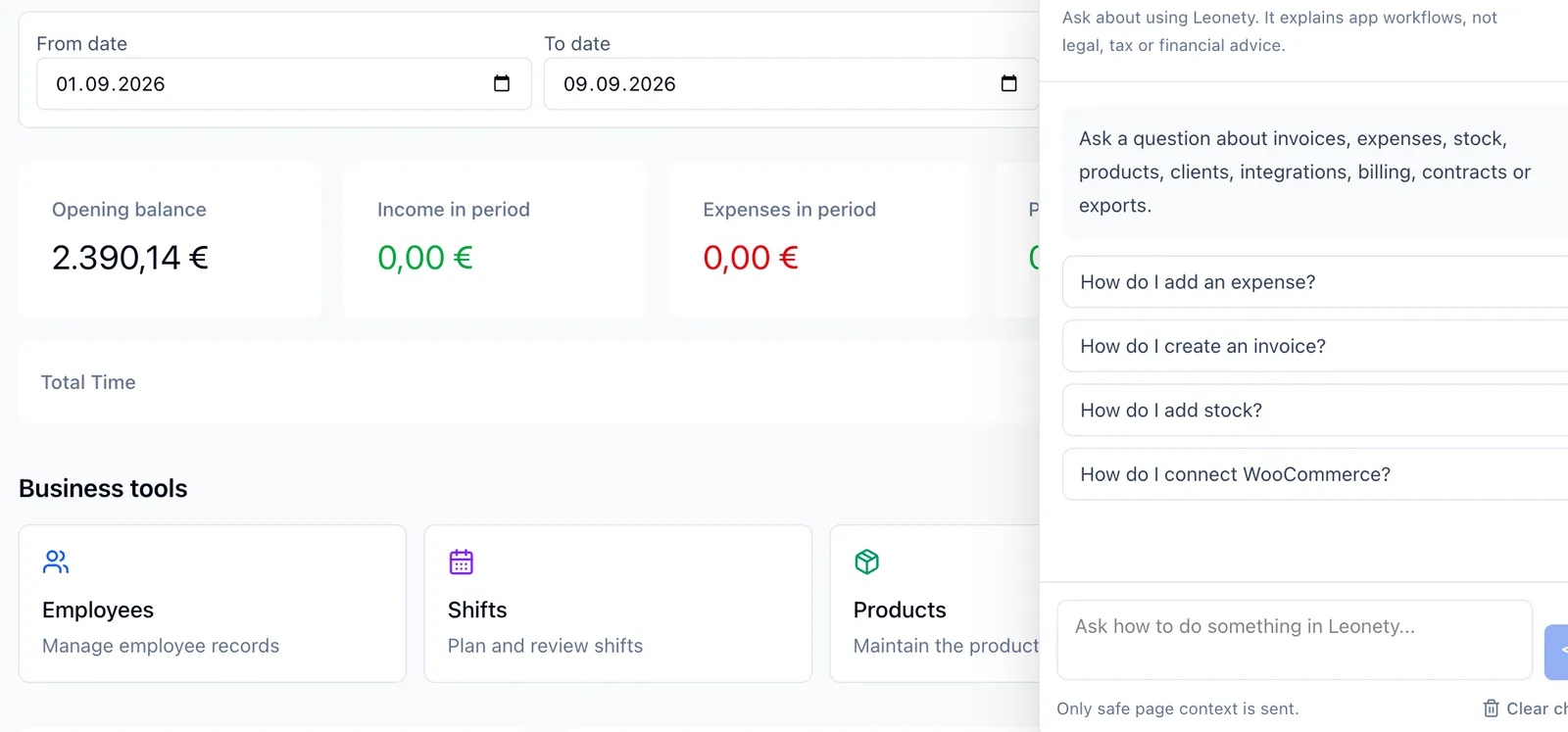 Sanitized Leonety dashboard with business metrics and assistant panel