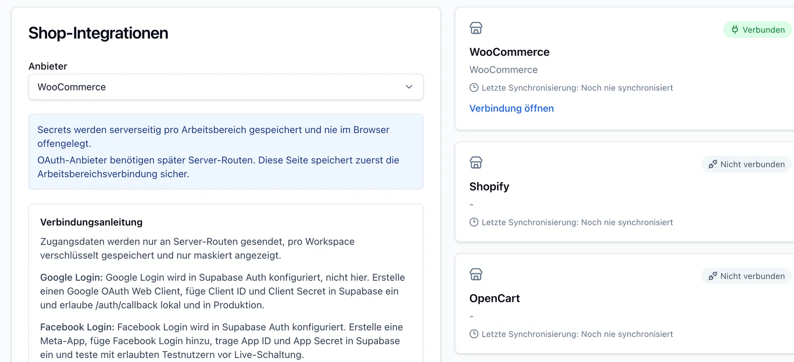 Sanitized Leonety integrations page with provider connection states